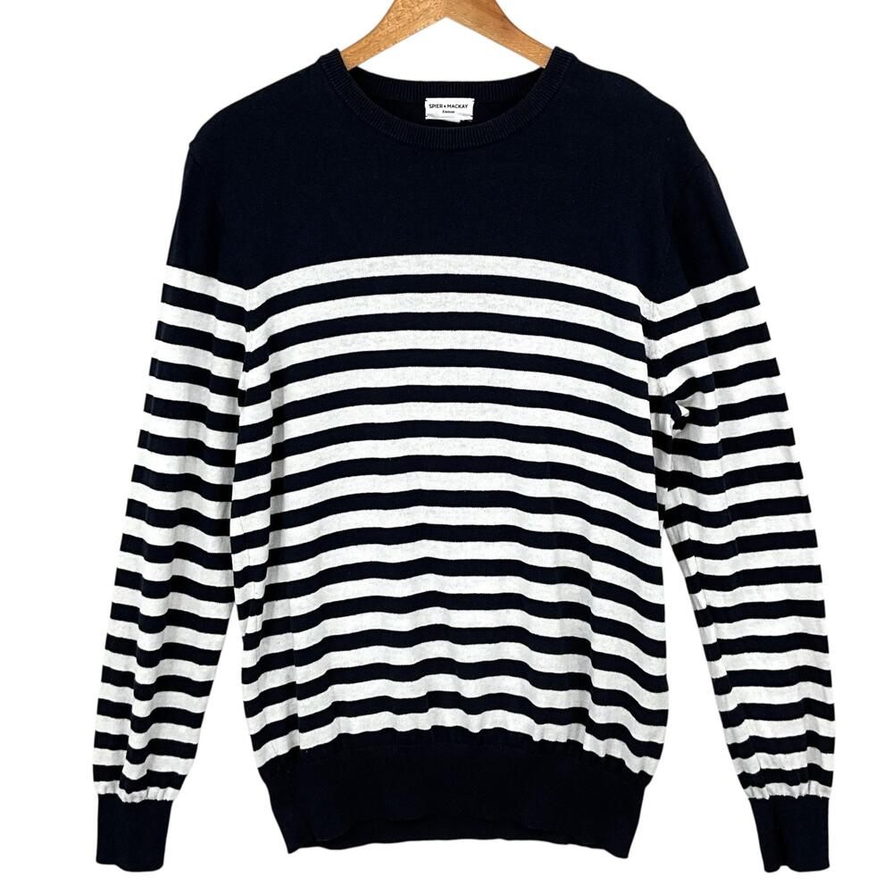 Spier & Mackay Sweater Mens Large Blue White Stripe Linen Cotton Crew Neck